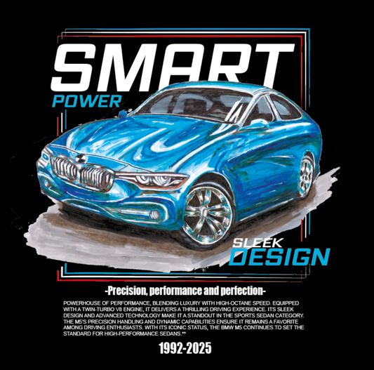 Hand Drawing Car Graphic T‑Shirt – "SMART" Blue Sports Car Design