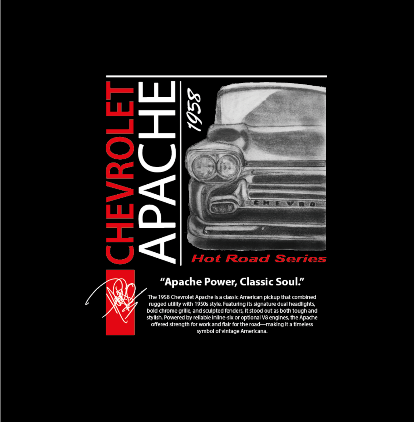 Hand Drawing Chevrolet Apache 1958 Tee — Vintage Truck Graphic T-Shirt